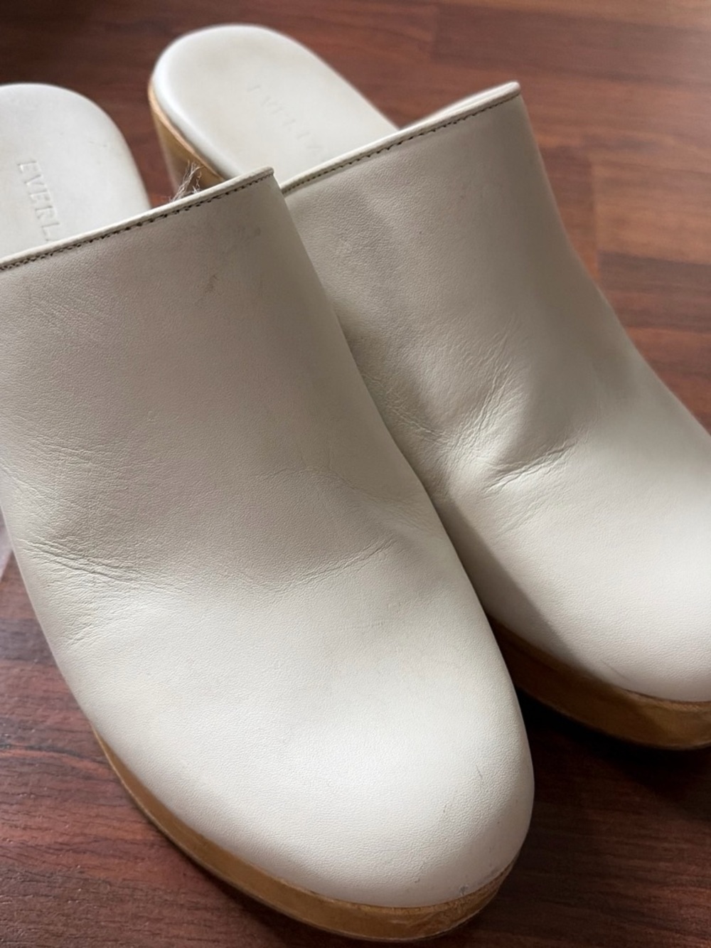 Everlane Cream Leather Platform Clog Mules with Wood-Look Sole